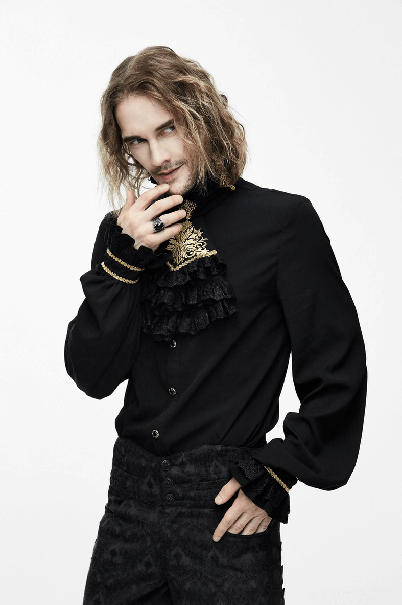 Side view of black gothic men's shirt with stand collar and embroidered gold ruffle accent