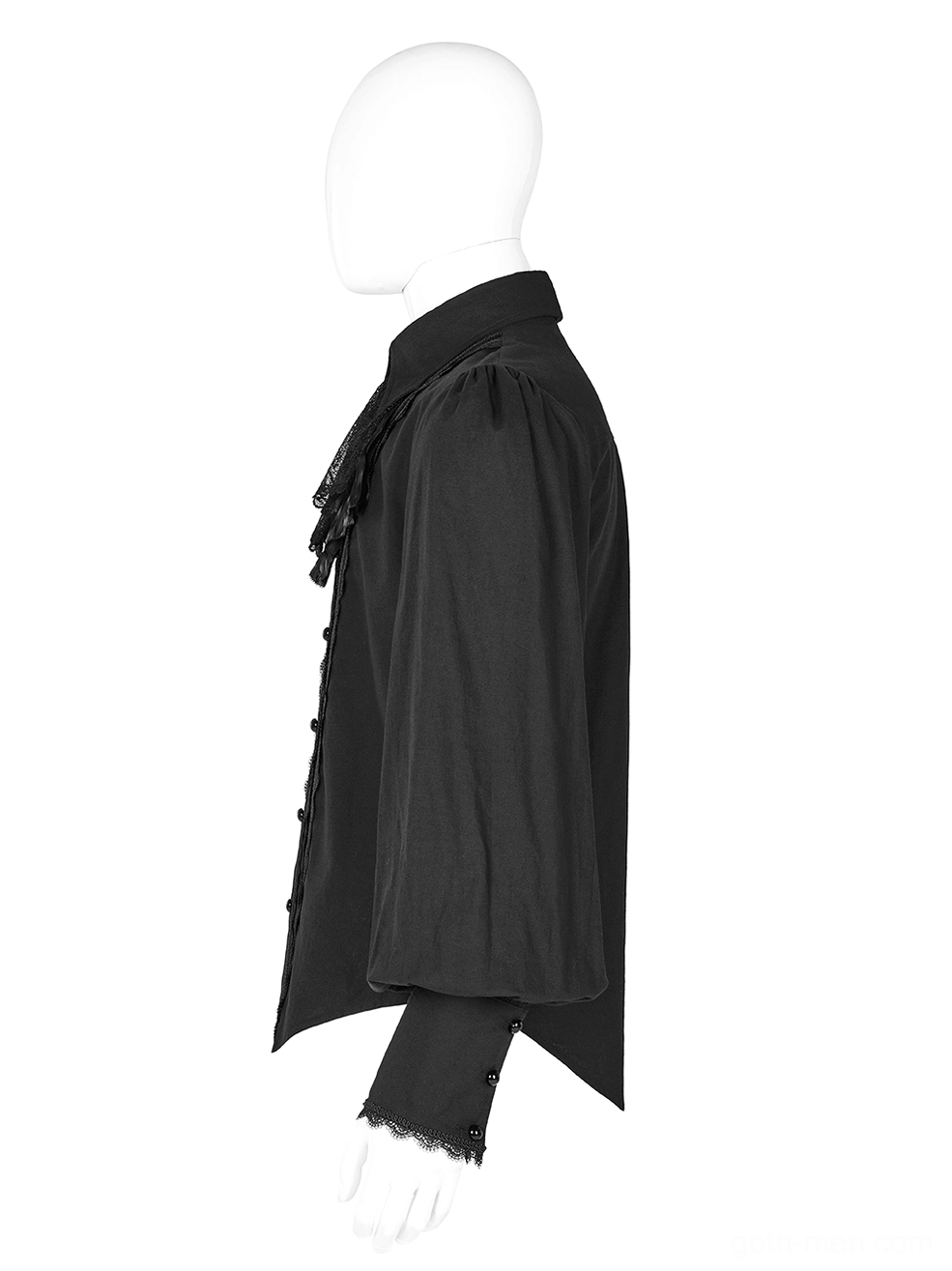 Side view of victorian black cotton gothic shirt showing asymmetric cuff hem and side buttons