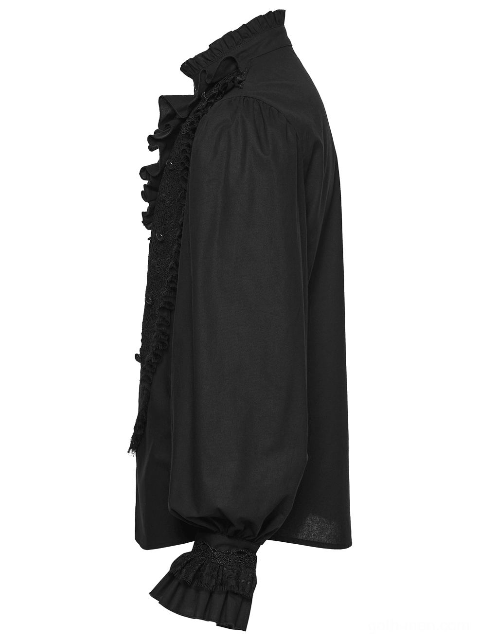 Gothic ruffle lace shirt side flat lay - black lantern sleeves with ruffled cuffs and decorative lace trim details