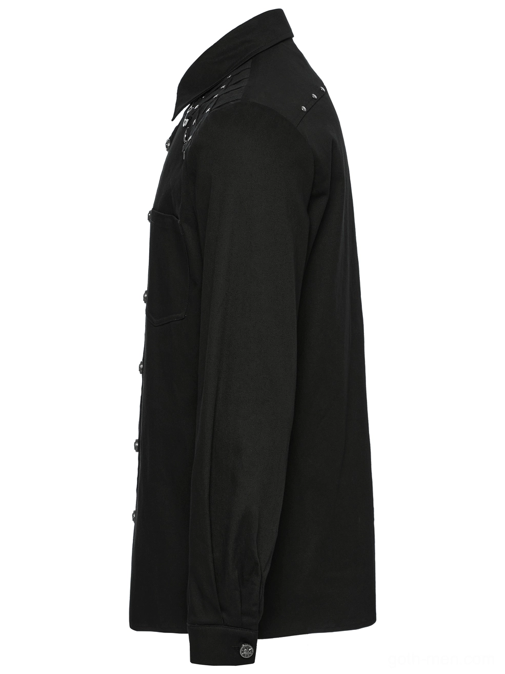 Black gothic studded shirt side view displaying long sleeve fit metal snap buttons and shoulder stud placement