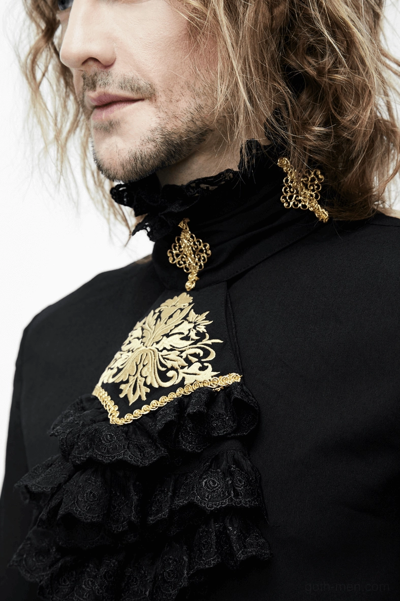 Black gothic formal shirt showcasing gold-trimmed ruffled cuffs and embroidered sleeve details