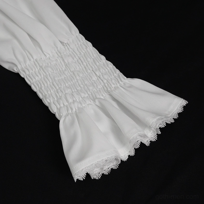 Smocked bell cuff detail of gothic ruffled white shirt showing lace edging and elastic