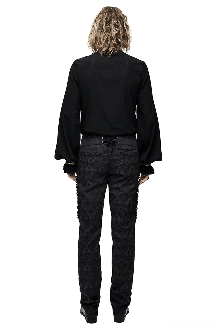 Black gothic dress shirt with stand collar and embroidered chest detail, full back view on male model