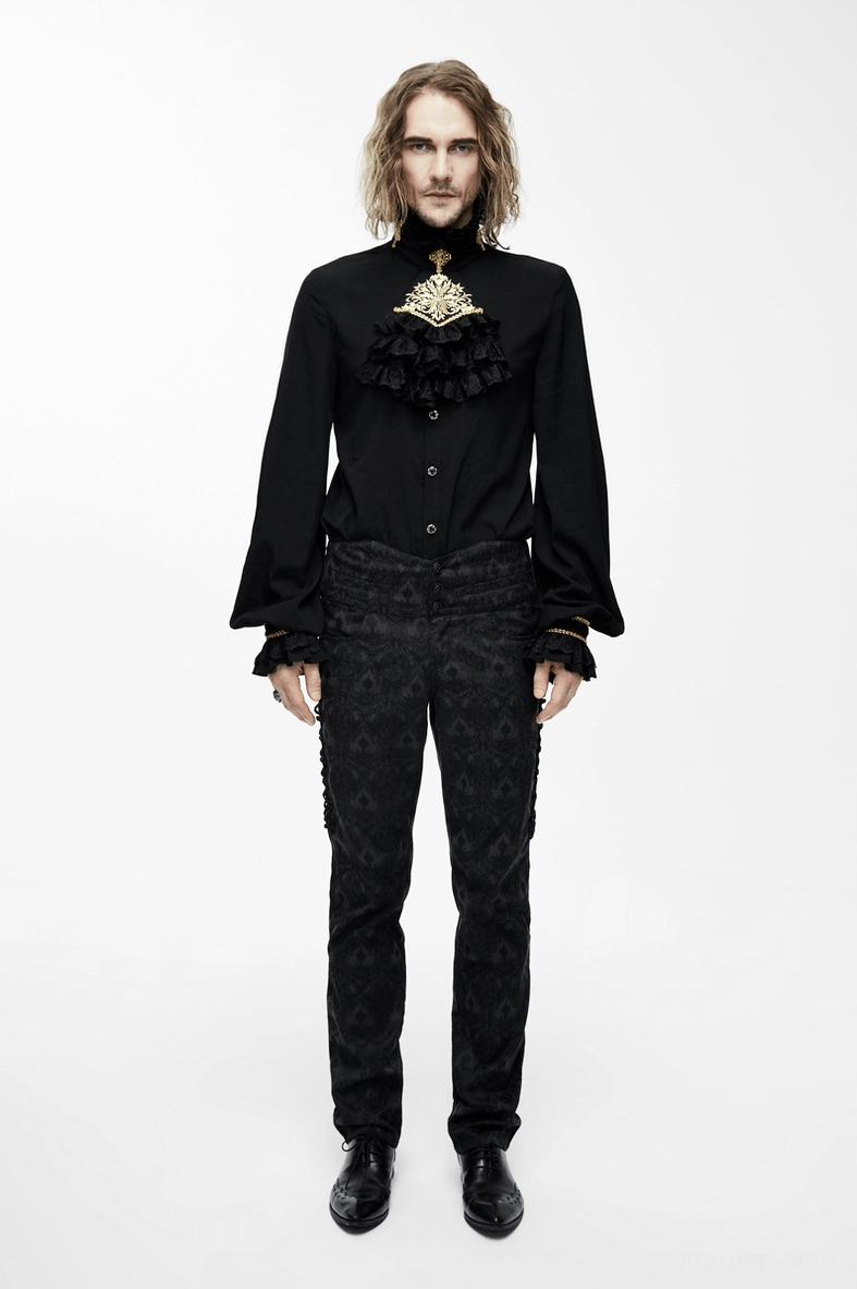 Black gothic men's shirt with stand collar, gold-trimmed flared cuffs, and embroidered chest ruffle