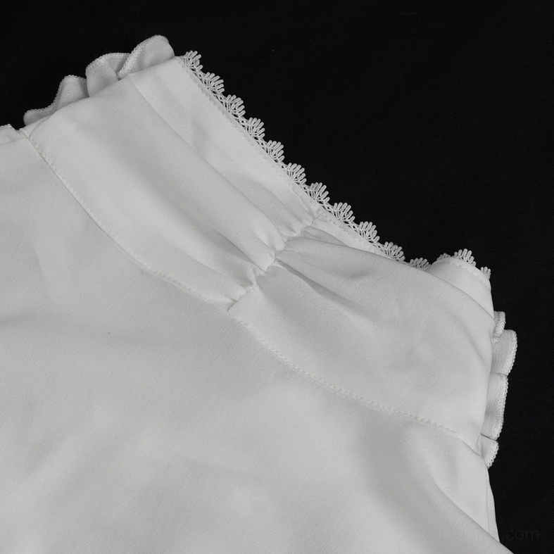 Stand collar detail of gothic white ruffled shirt with lace trim side view