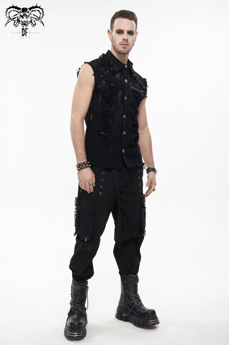 Gothic shirt styling view with turn-down collar and metal ring decorations creating punk-alternative aesthetic