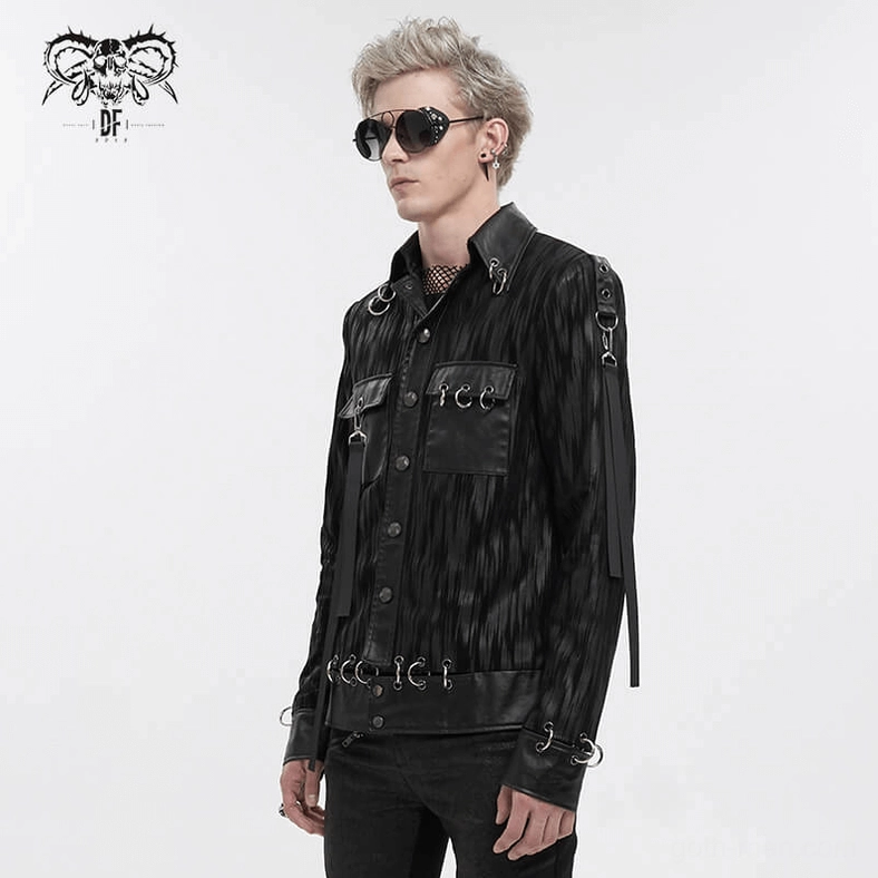 Three-quarter side shot showing multiple metal hardware accents on crinkled leather jacket