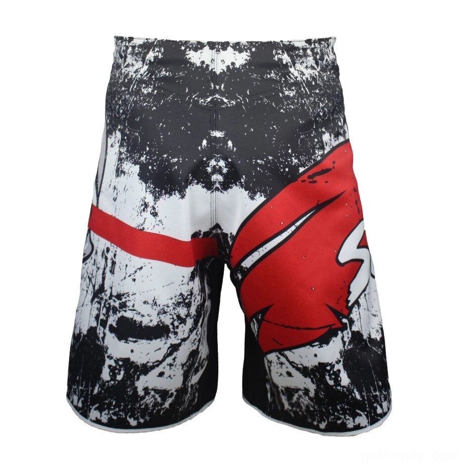 Rear flat lay view of gothic shorts showcasing back red graphic detail and distressed black fabric treatment