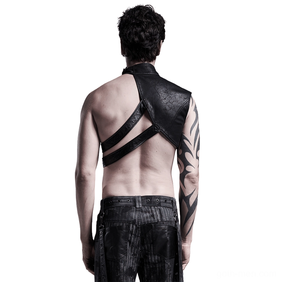 Black cracked PU leather shoulder harness - rear view showing open back crisscross straps and structural design