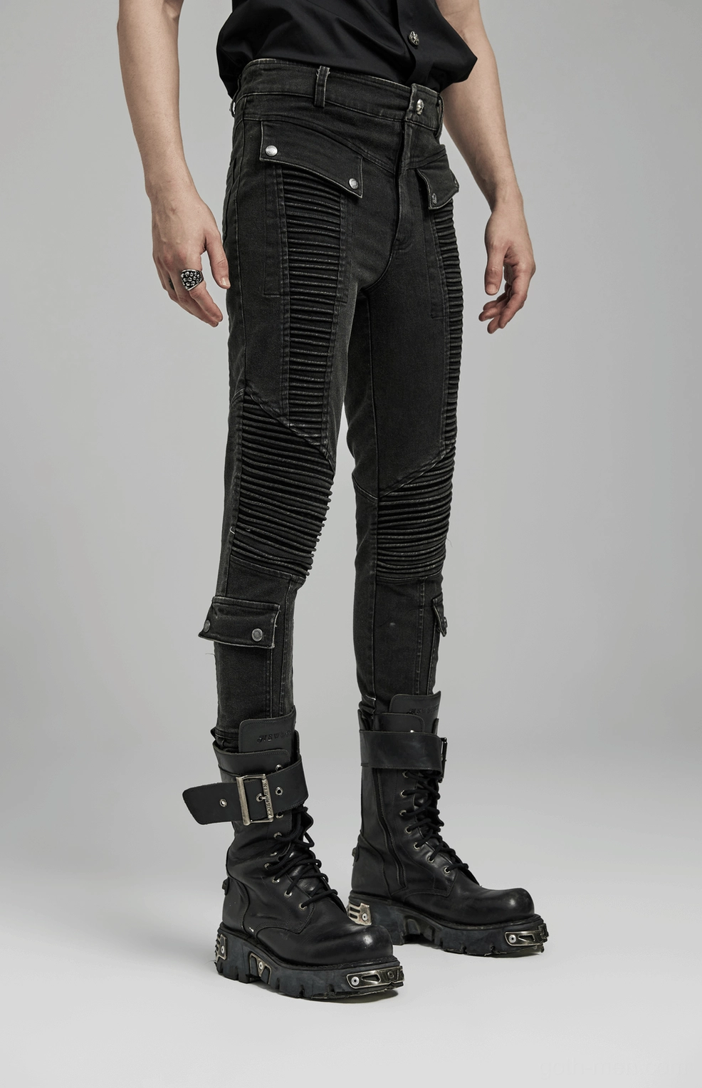 Black gothic skinny jeans drawstring waistband detail - custom drawstring system on washed denim