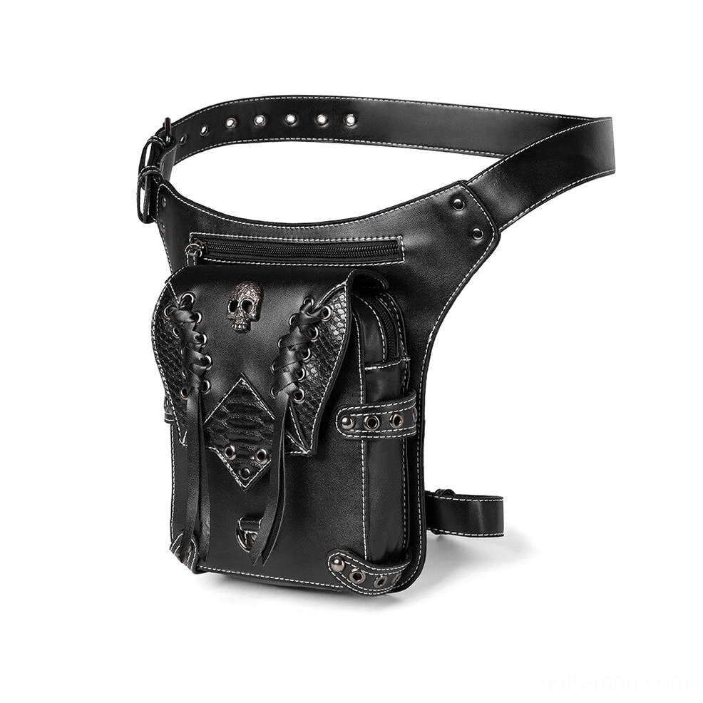Gothic leather thigh bag rear view showing adjustable belt and metal rivet trim accents