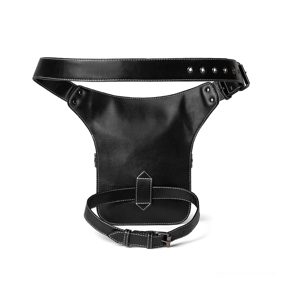Undecorated gothic leather thigh bag base showing adjustable waist and leg fixing straps