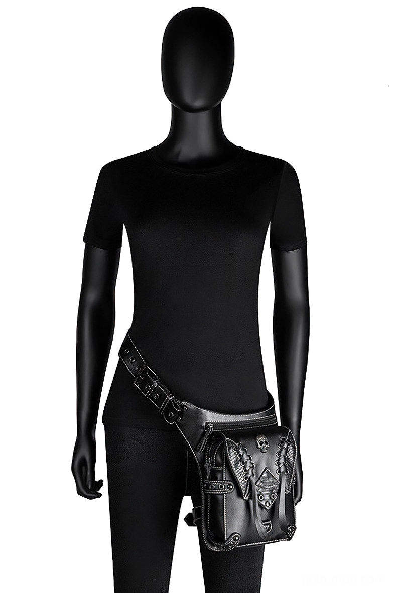 Black gothic skull leather waist bag complete product shot emphasizing dark aesthetic and riveted construction