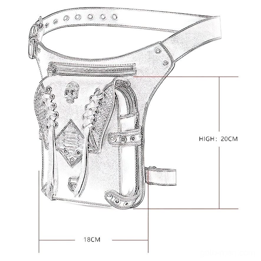 Alternative technical design drawing of gothic skull waist bag with height and width specifications
