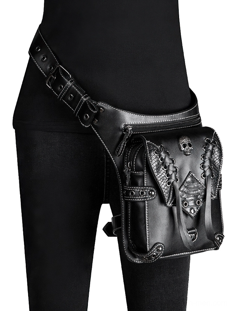 Skull leather waist bag worn on model showing secure fit on hip and upper thigh with adjustable straps