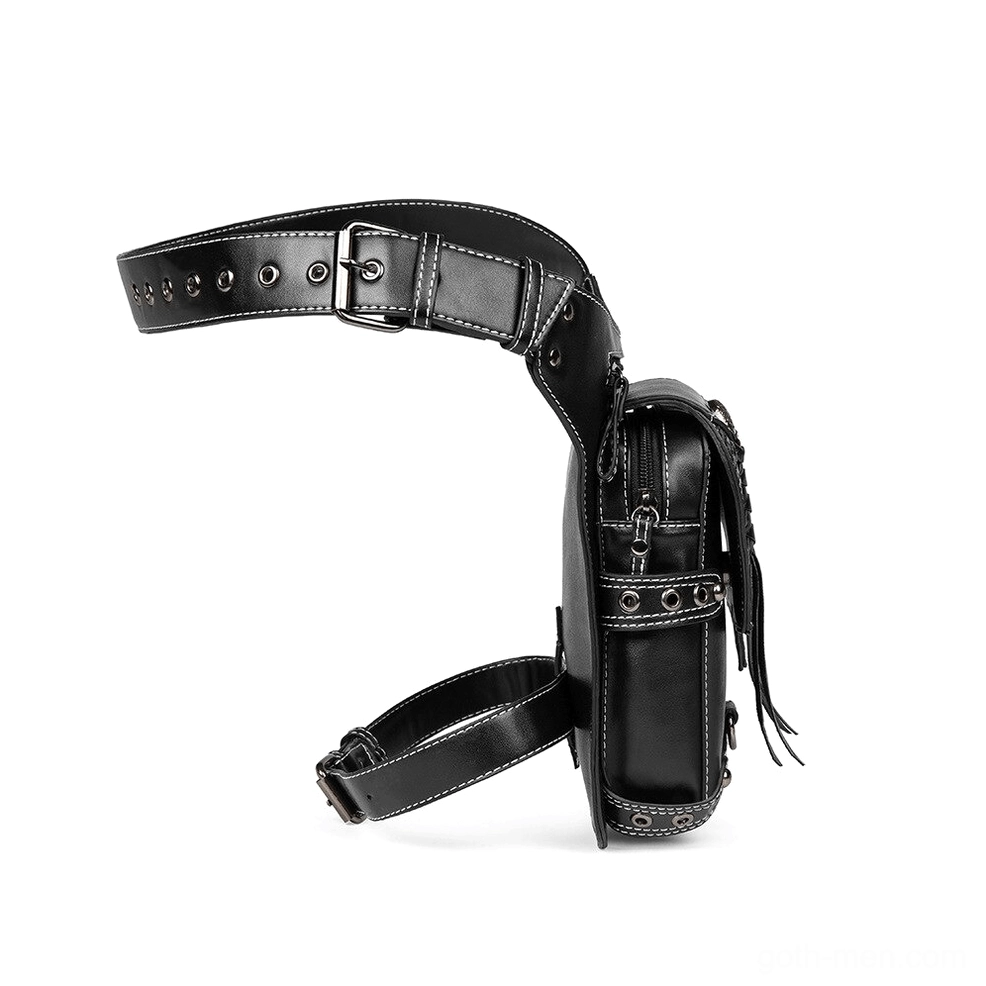 Leather thigh bag side profile displaying tassel accents zippered pocket and adjustable leg straps