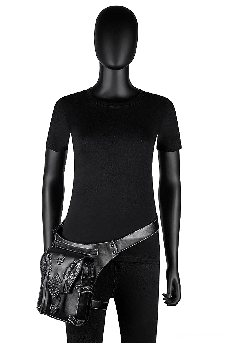 Gothic leather skull thigh bag additional styling view for alternative fashion and steampunk aesthetics
