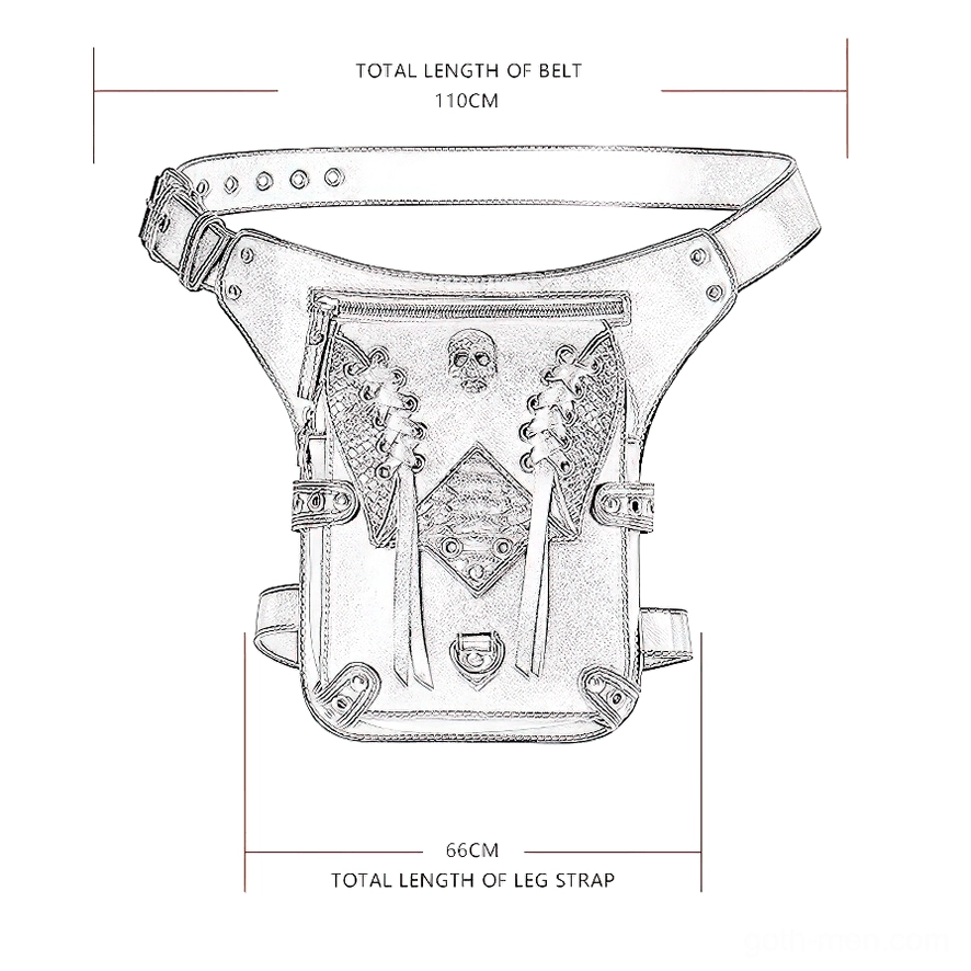 Technical flat lay design schematic of gothic thigh bag showing overall structure with belt and leg strap measurements