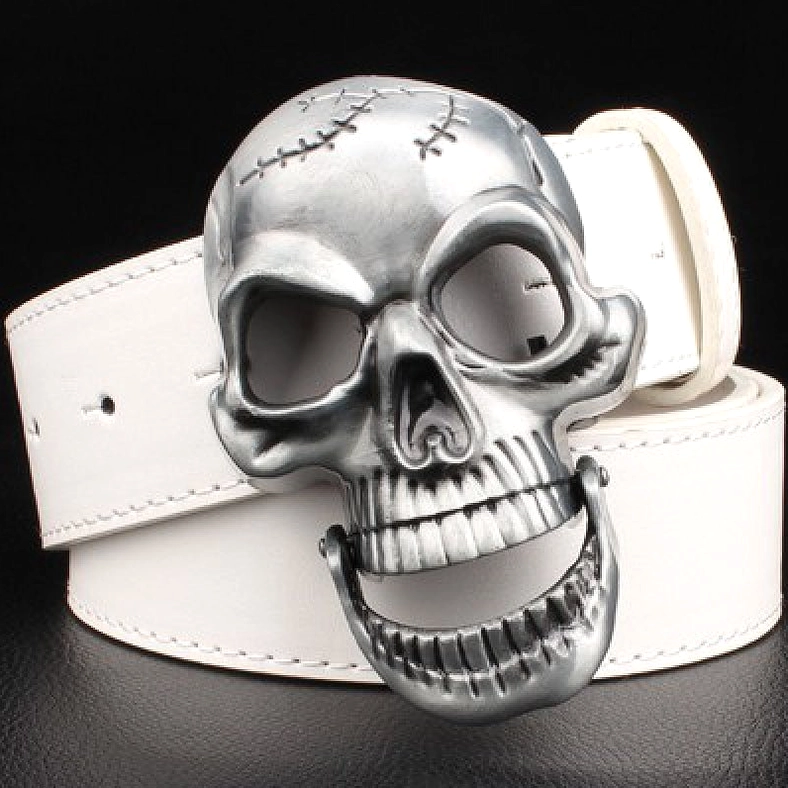 White leather gothic belt with vintage silver skull buckle on dark background, full product view