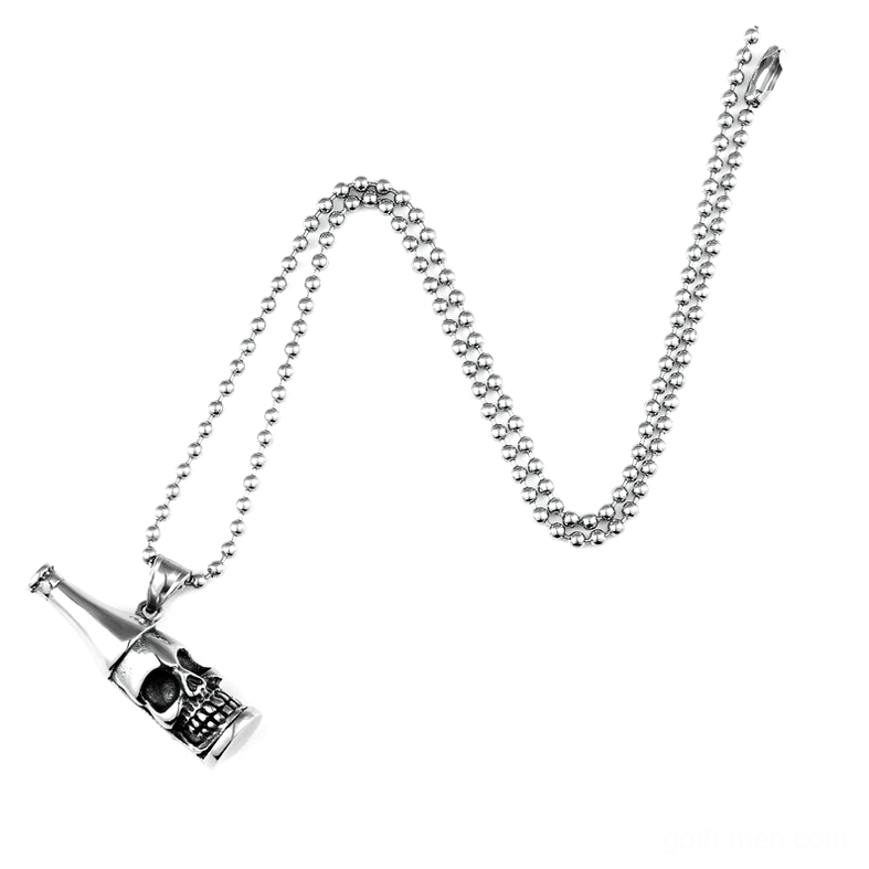 Unisex gothic skull bottle pendant necklace with beaded chain flat lay on white background