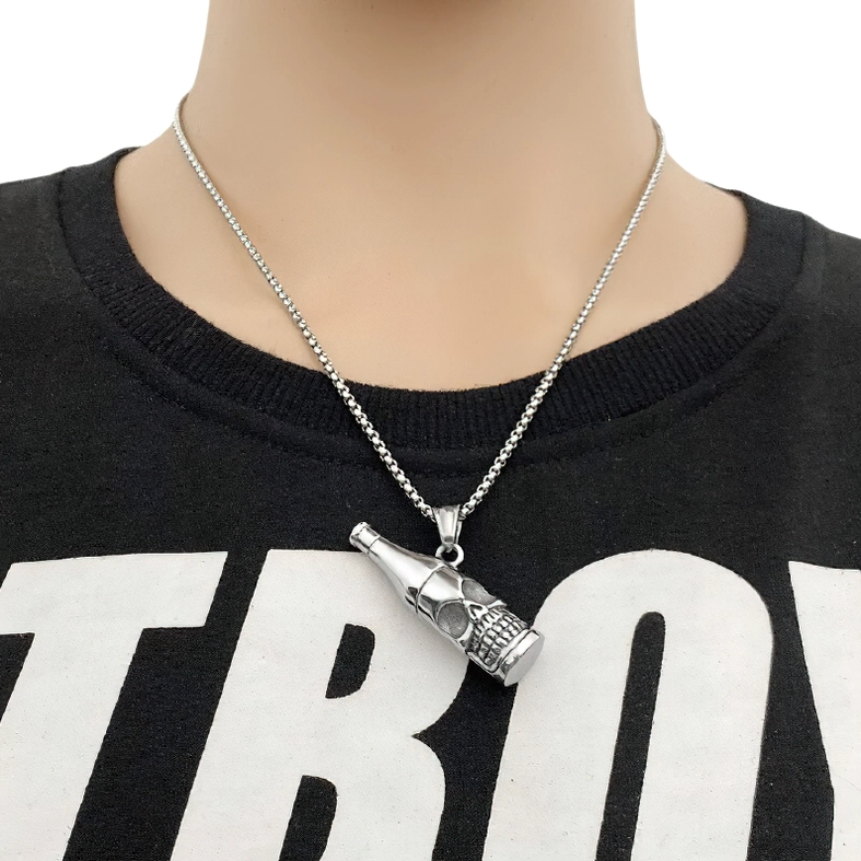 Gothic skull bottle pendant necklace worn on mannequin with black t-shirt styling