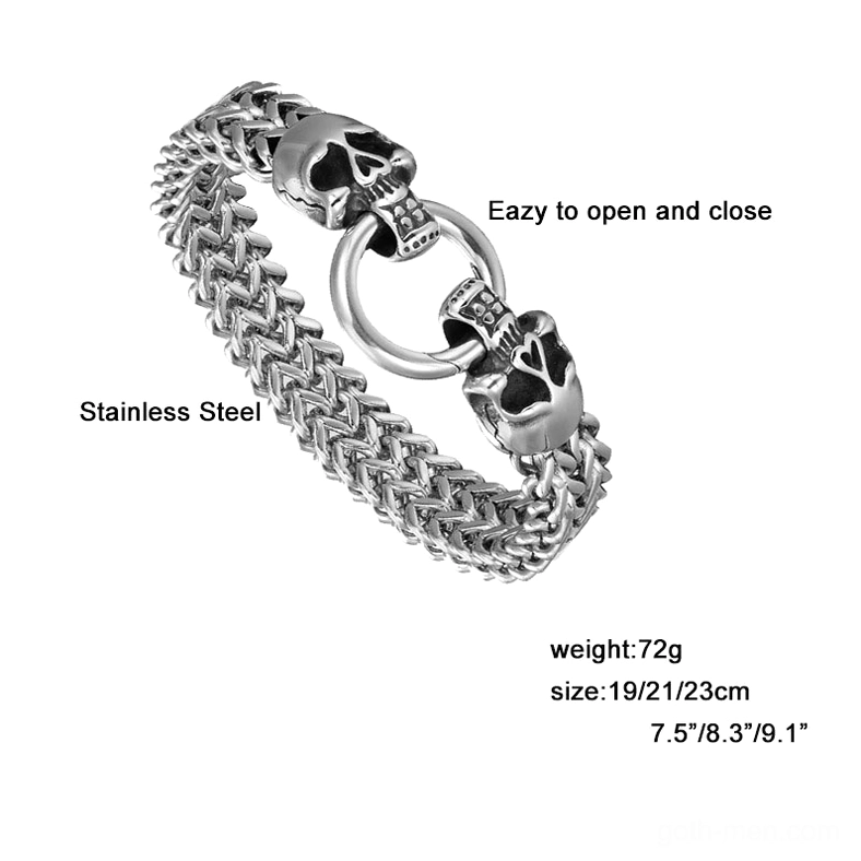 Men's Stainless Steel Skull Bracelet with Spring Ring Clasp - Easy Open Mechanism, Flat Lay Specifications