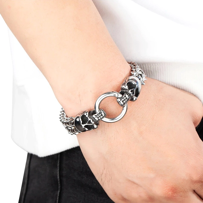 Memento Mori Skull Bracelet on Male Wrist - Authentic Gothic Jewelry Worn, Side View