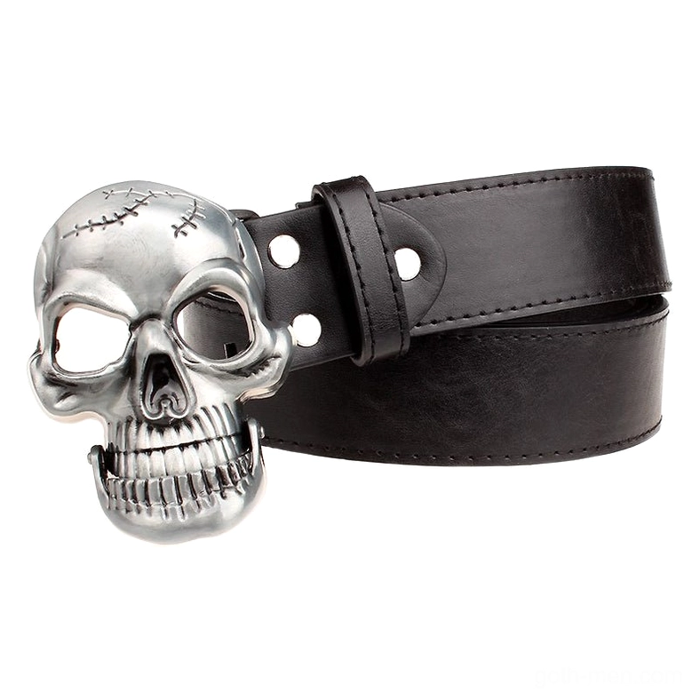 Memento mori skull buckle belt side profile view, black leather strap with silver metal skull closure