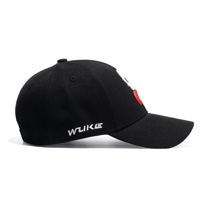 Rear angle of skull embroidered gothic baseball cap displaying WLIKE branding and red accent details