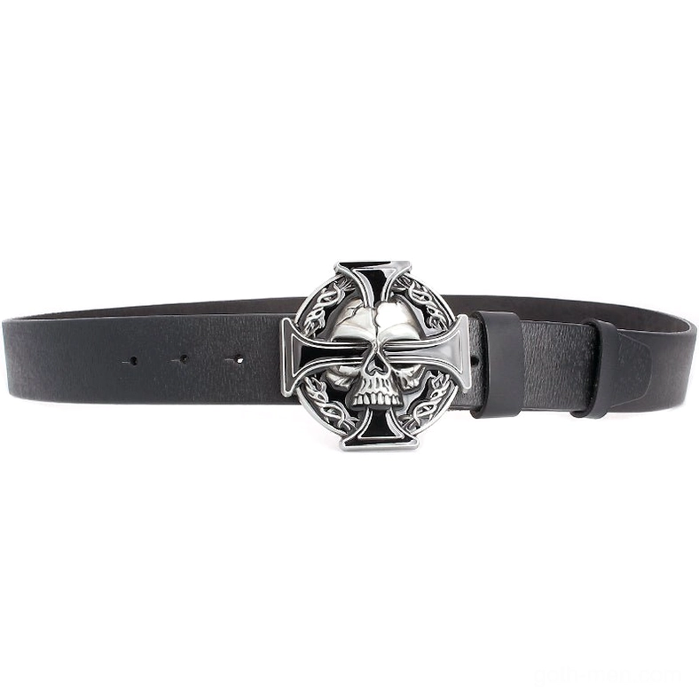 Slim skull cross buckle leather belt, black with silver hardware, horizontal side view