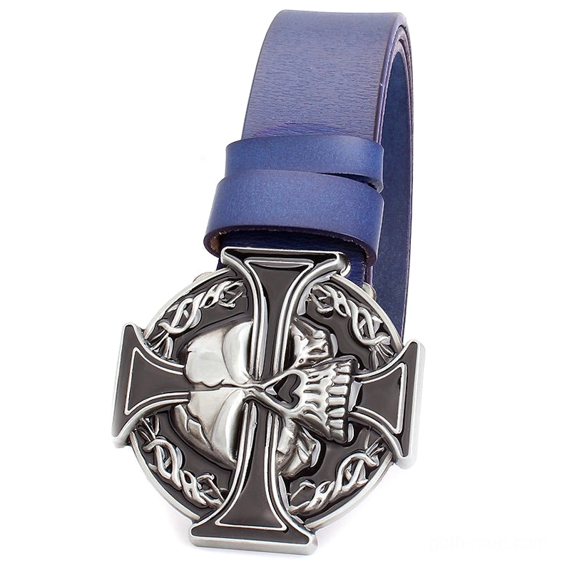 Dark blue Gothic leather belt with skull cross metal buckle, top-down view showing design details