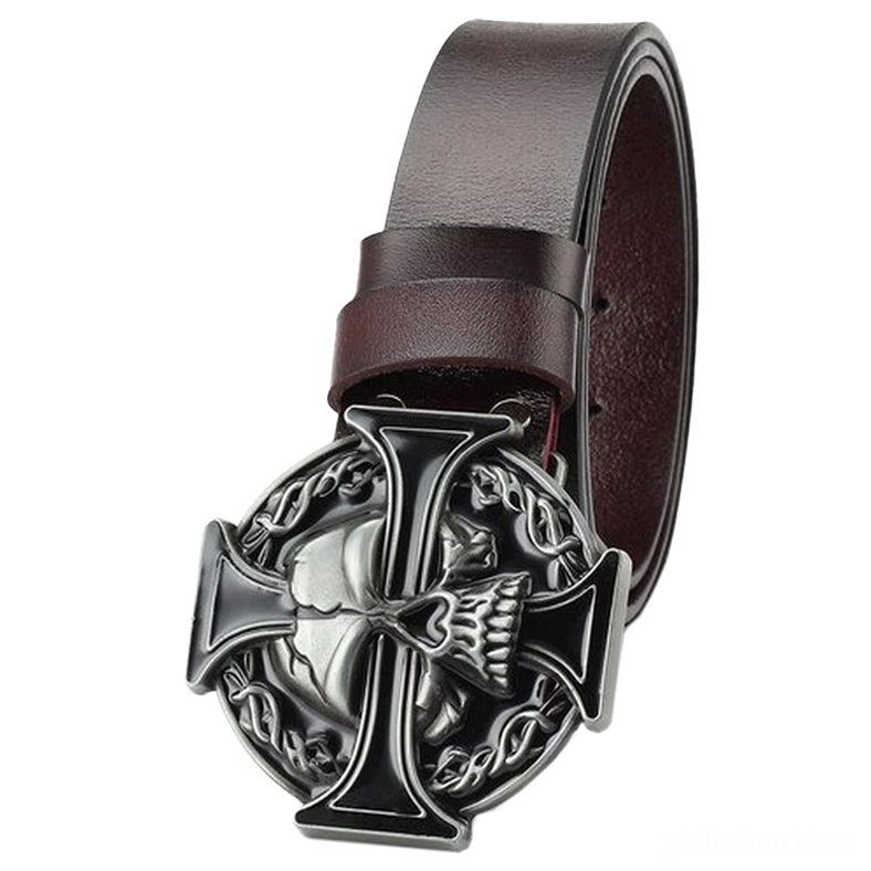 Dark brown leather skull cross belt with metal buckle, side oblique view showing profile details