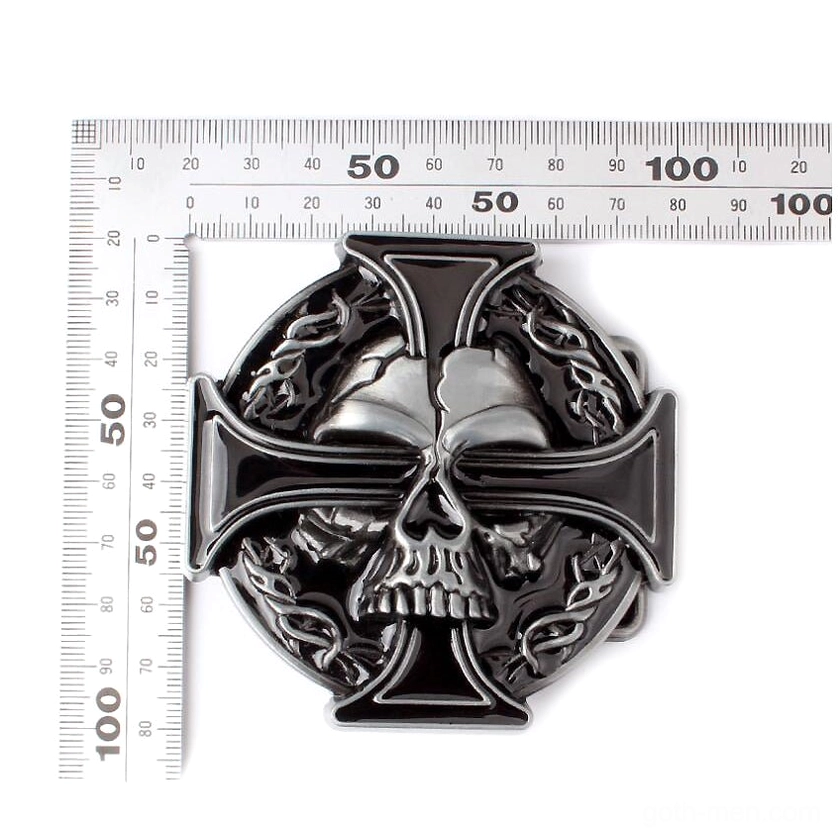 Skull cross belt buckle top-down flat view with size measurement reference, black leather with intricate engraved trim