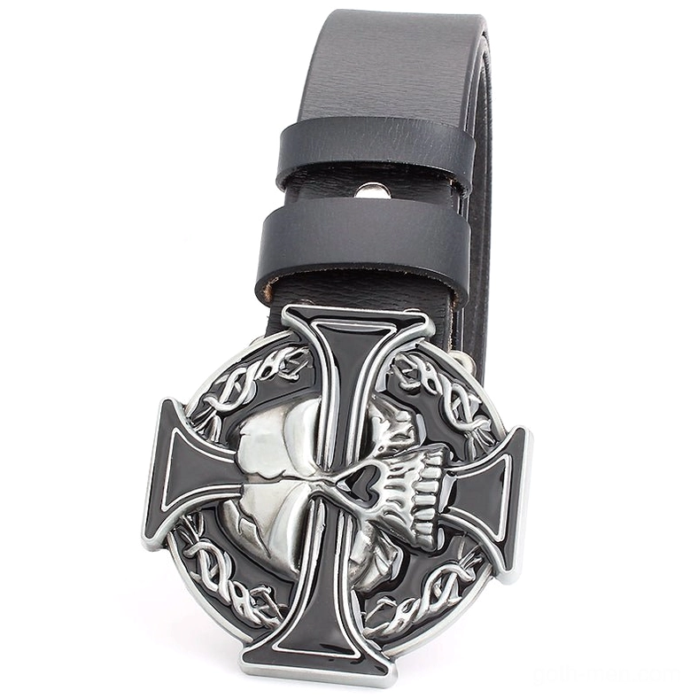 Skull cross buckle belt front view, black split leather with detailed metal skull cross hardware