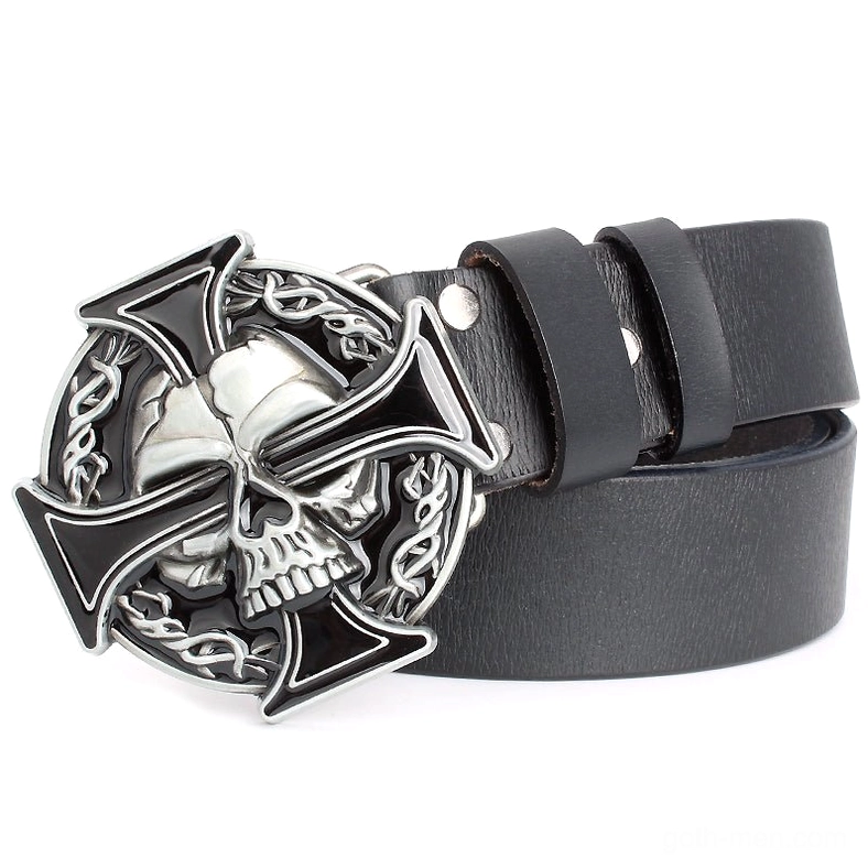 Gothic skull cross leather belt with metal buckle, black with Celtic knot trim details, top-down oblique view
