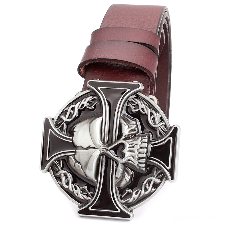 Gothic skull cross leather belt sizing and fit guide, multiple color variations with metal hardware