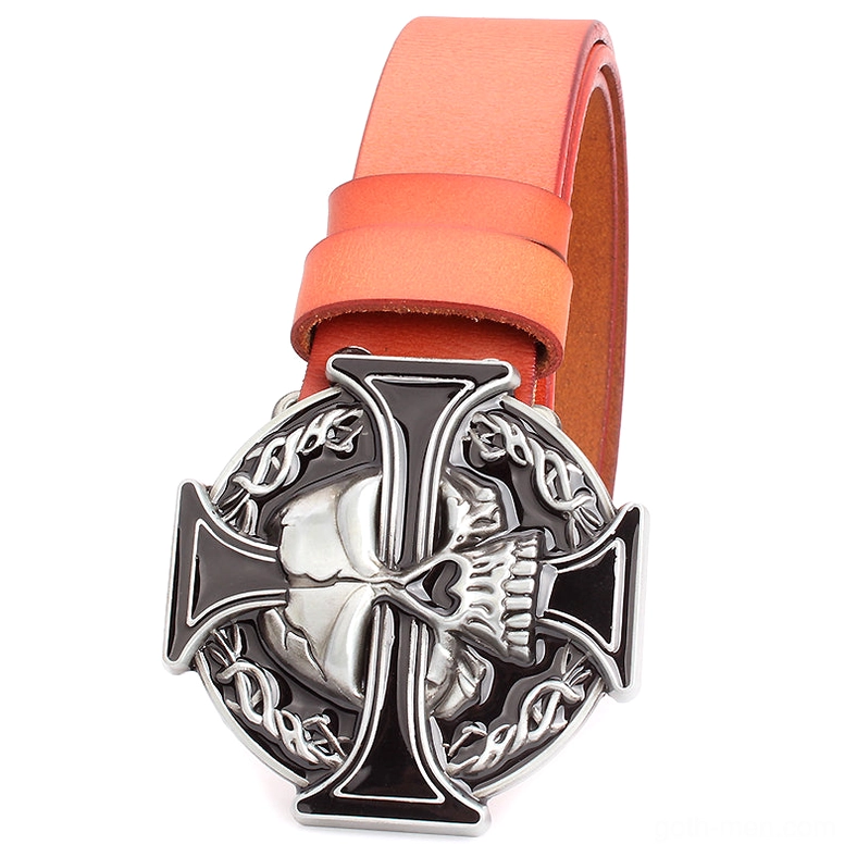 Skull cross metal buckle belt styling showcase, adjustable gothic alternative fashion accessory