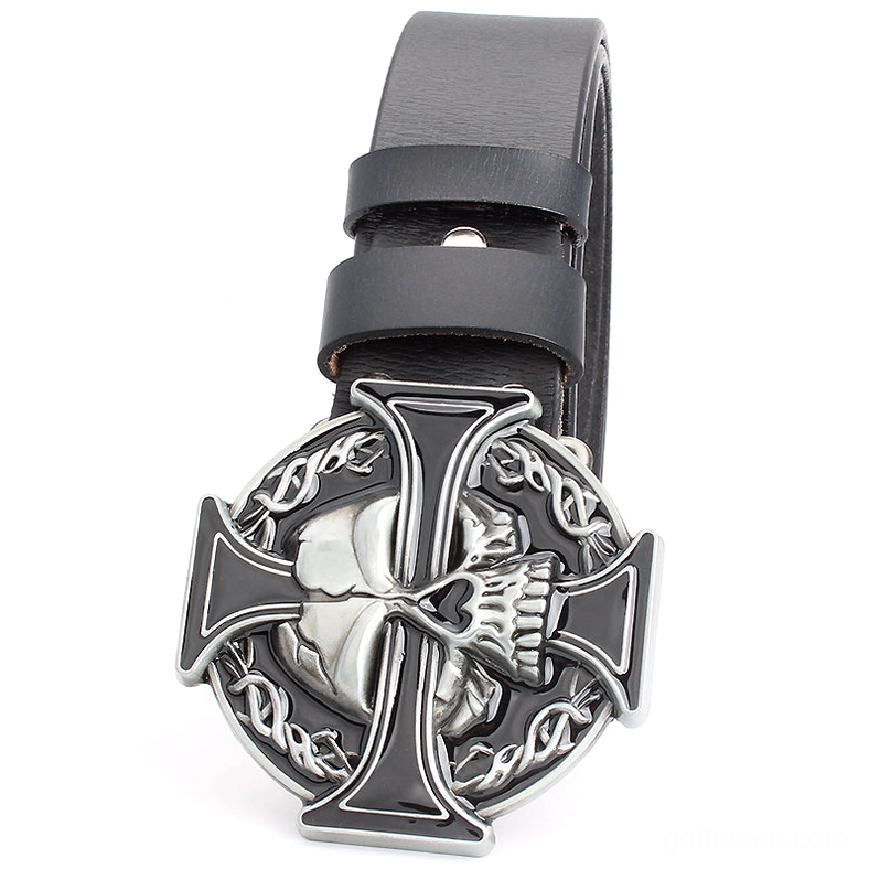 Black and silver skull cross buckle leather belt vertical oblique front view, detailed metal skull cross hardware