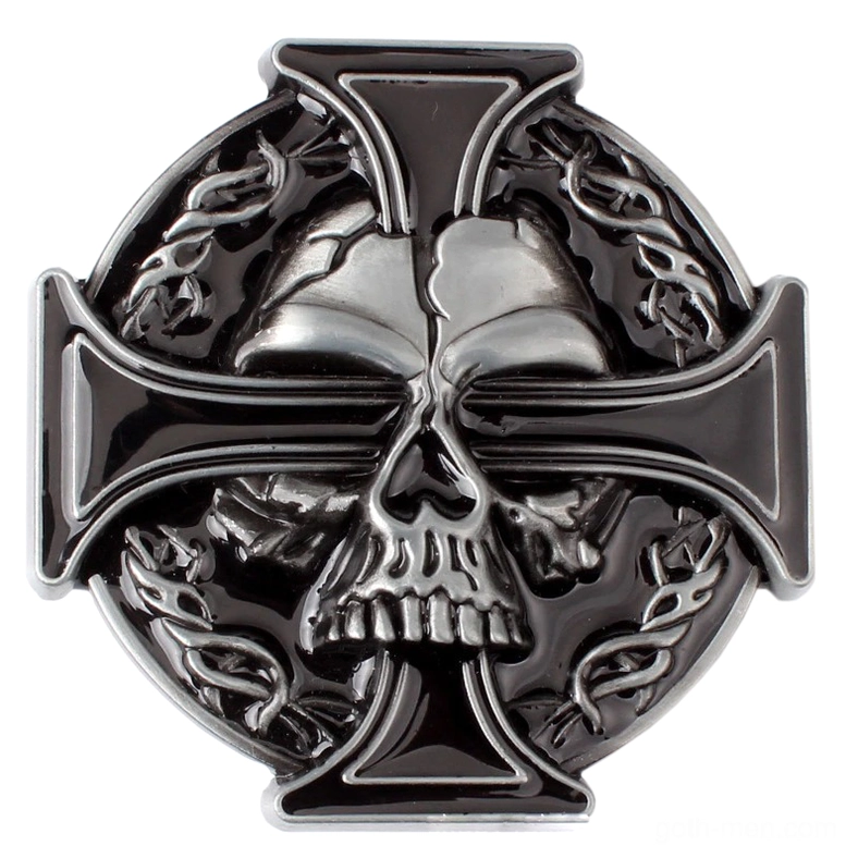 Gothic skull and cross metal belt buckle with black enamel cross and Celtic trim embossed silver design front view