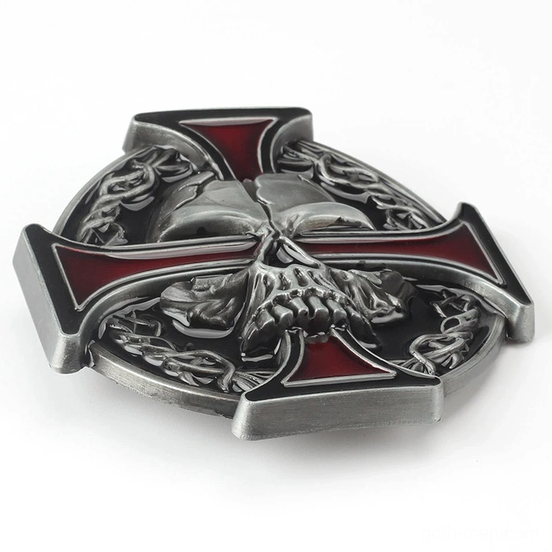 Goth metal belt buckle side view showcasing red enamel cross and Celtic knot pattern framing the skull