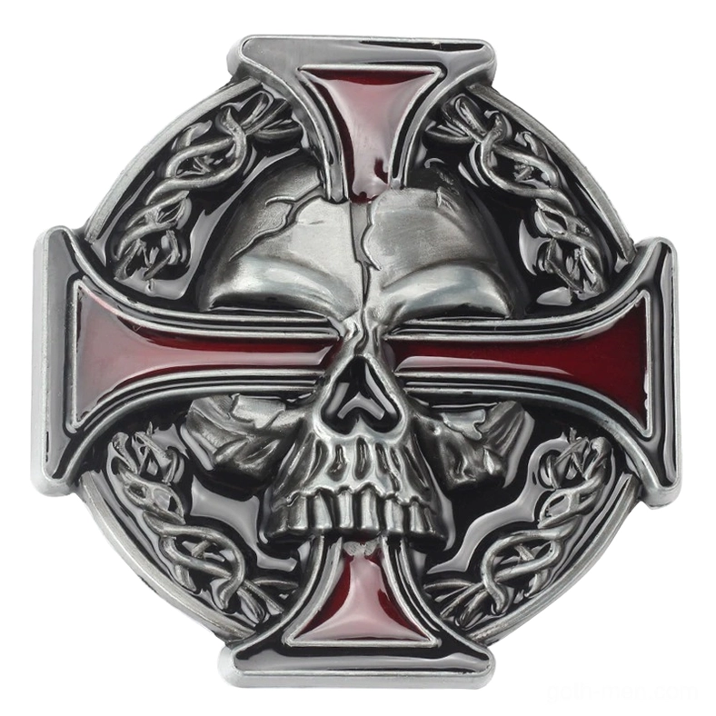 Punk metal belt buckle featuring 3D skull with red enamel cross and silver finish main product view