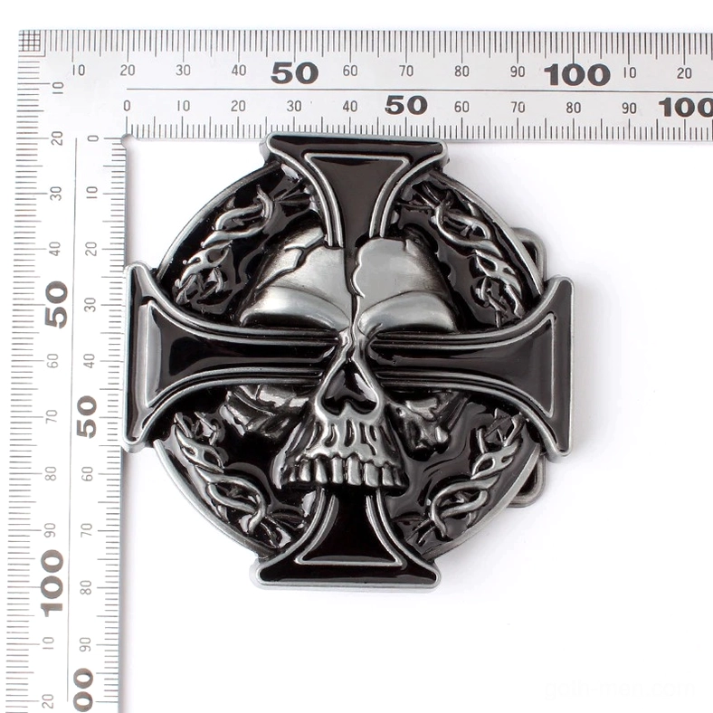 Dark punk skull cross buckle with measurement scale showing 8cm by 3.15 inch dimensions black enamel