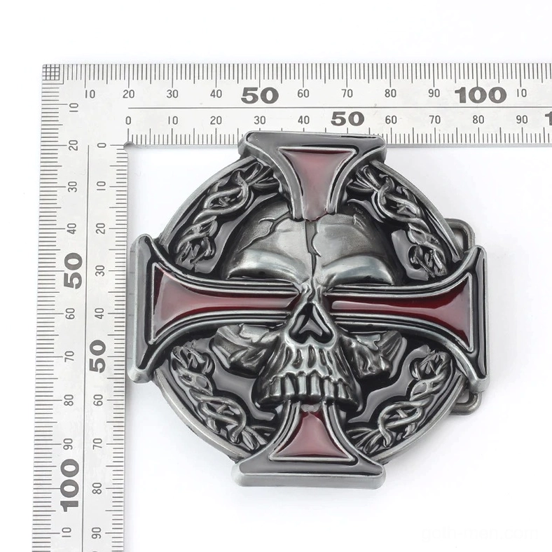 Punk skull and cross belt buckle with ruler scale showing actual size 8cm red enamel cross silver metal