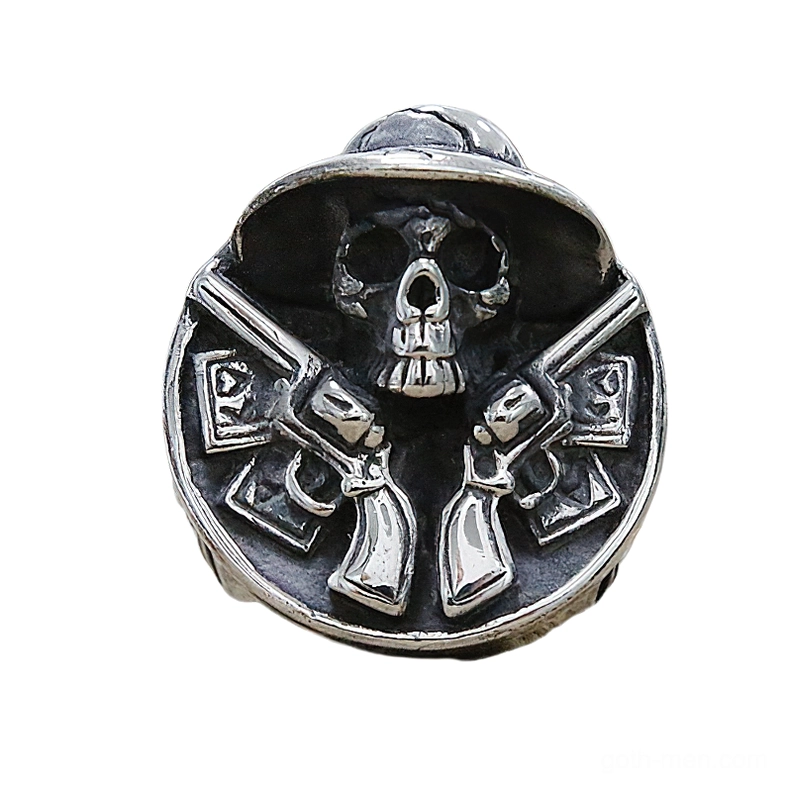 Stainless steel gothic skull cowboy ring front flat angle clear embossed western design