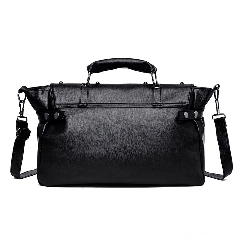Black gothic leather handbag rear view showing solid construction and detachable shoulder strap mechanism
