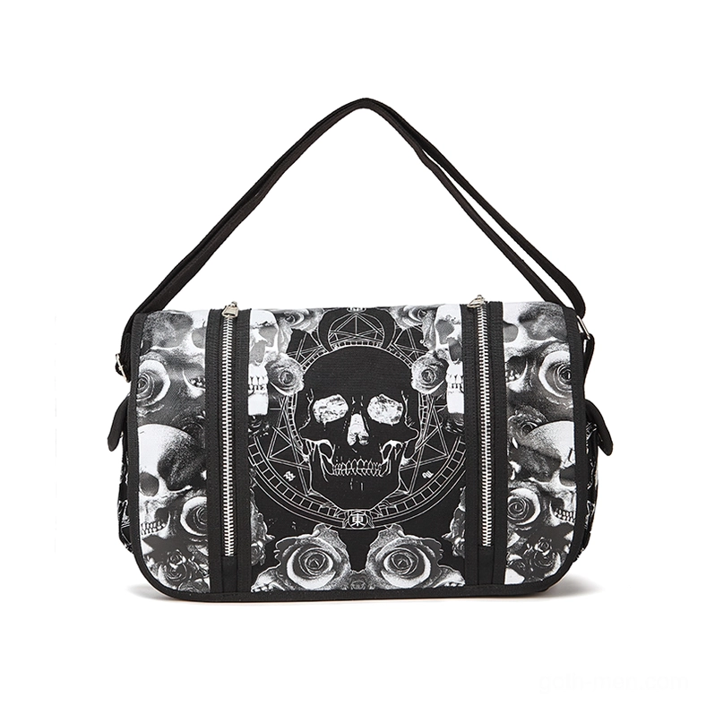 Gothic shoulder handbag flat lay with skull pentagram pentagram design, front view displaying top carry strap and closure