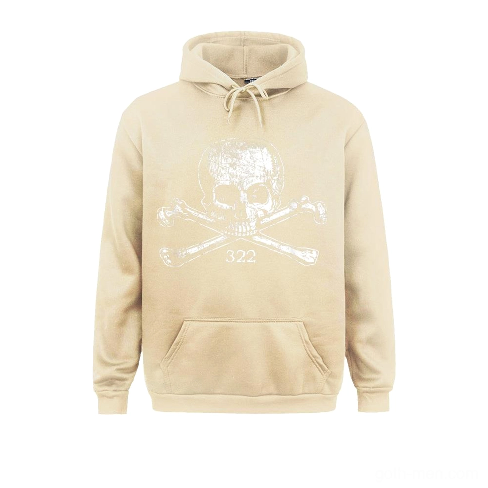 Beige gothic skull hoodie with kangaroo pocket, white skull print and 322 numeral design