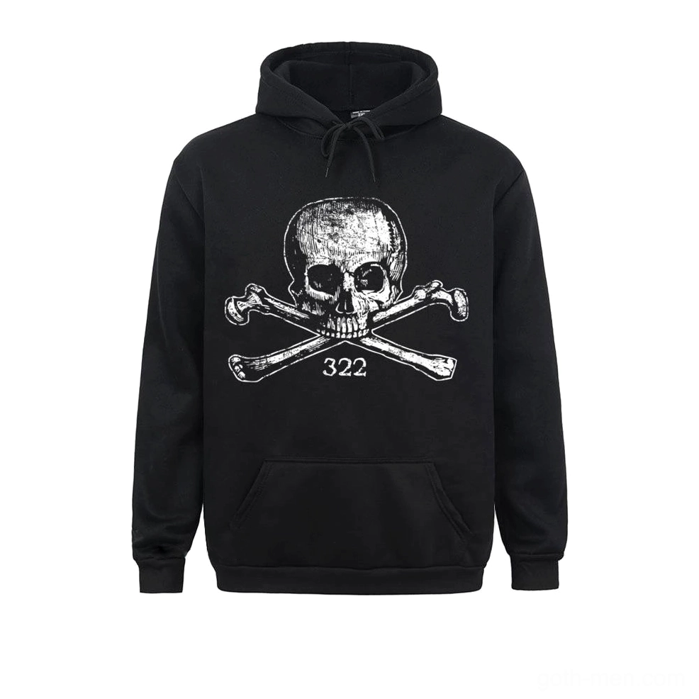 Black oversized gothic skull hoodie with white skull and crossbones print, flat lay front view