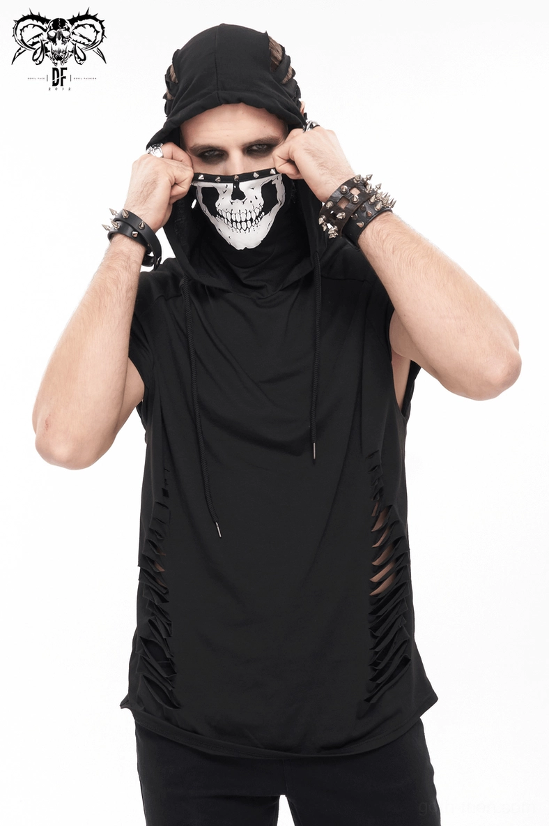 Men's black distressed gothic hoodie with skull turtleneck, lifestyle wear demonstration
