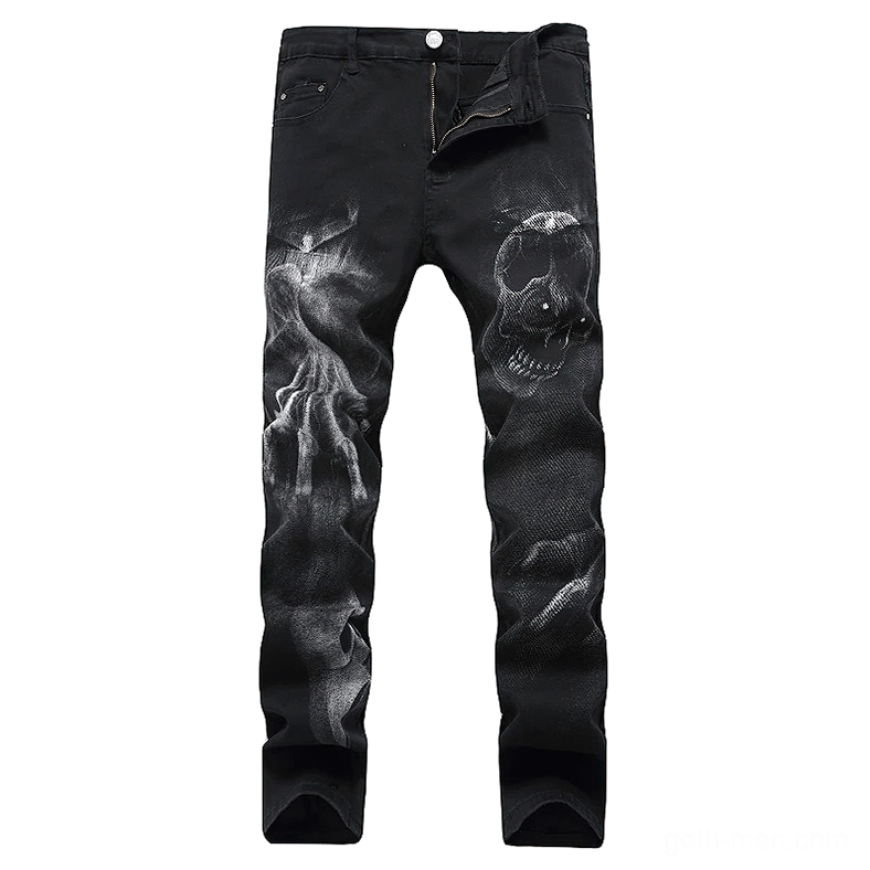 Black gothic skull ghost hand print denim jeans front flat lay view with 3D printed details